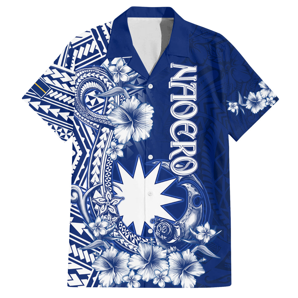 Nauru Independence Personalised Family Matching Off Shoulder Short Dress and Hawaiian Shirt Naoero Hook Tattoo Special Polynesian Pattern LT9 Dad's Shirt - Short Sleeve Blue - Polynesian Pride