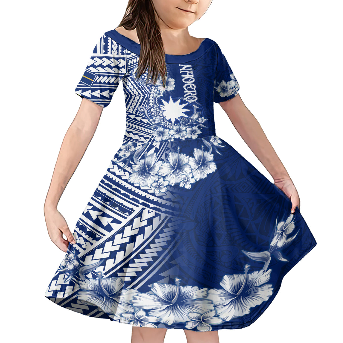 Nauru Independence Personalised Family Matching Short Sleeve Bodycon Dress and Hawaiian Shirt Naoero Hook Tattoo Special Polynesian Pattern LT9 Daughter's Dress Blue - Polynesian Pride