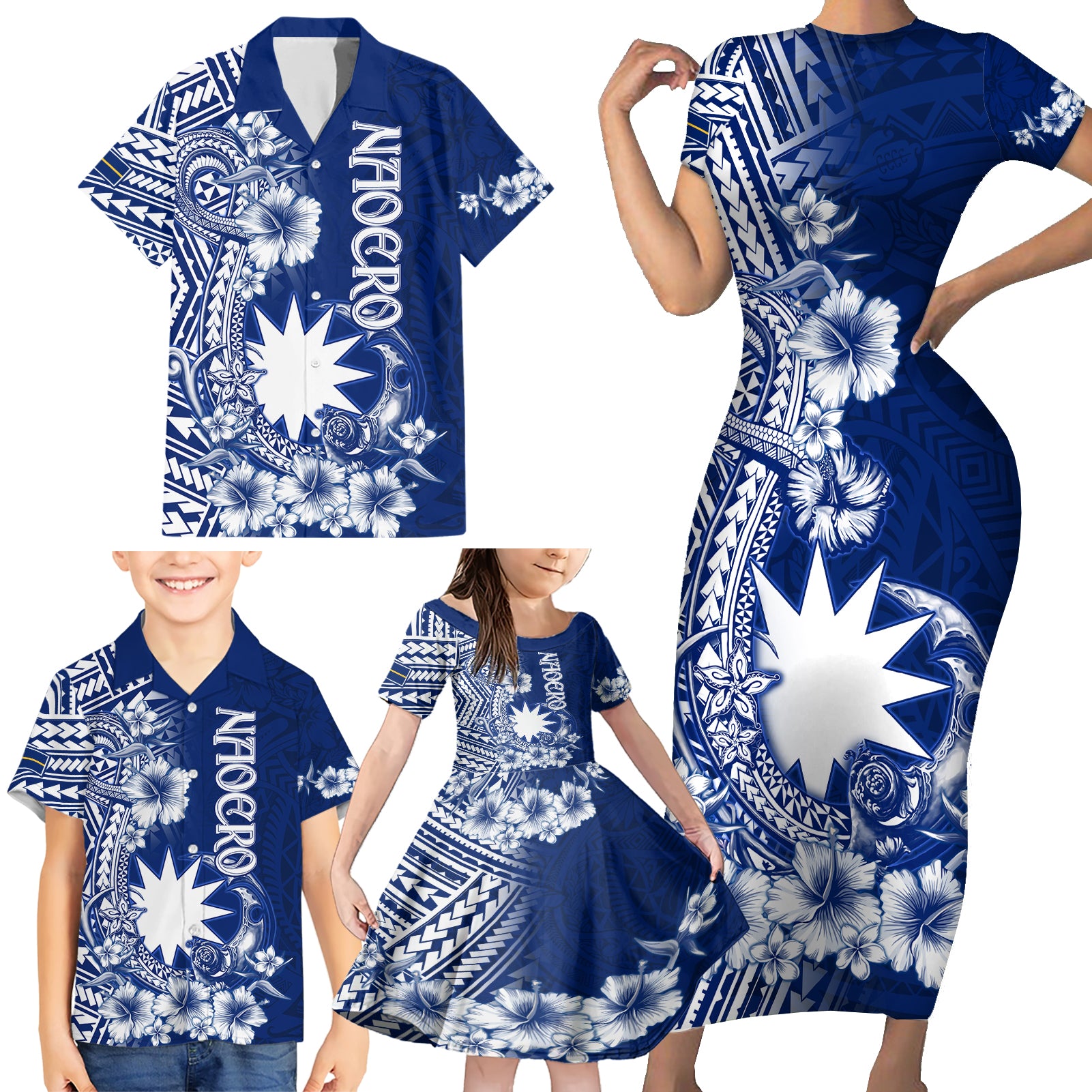 Nauru Independence Personalised Family Matching Short Sleeve Bodycon Dress and Hawaiian Shirt Naoero Hook Tattoo Special Polynesian Pattern LT9 - Polynesian Pride