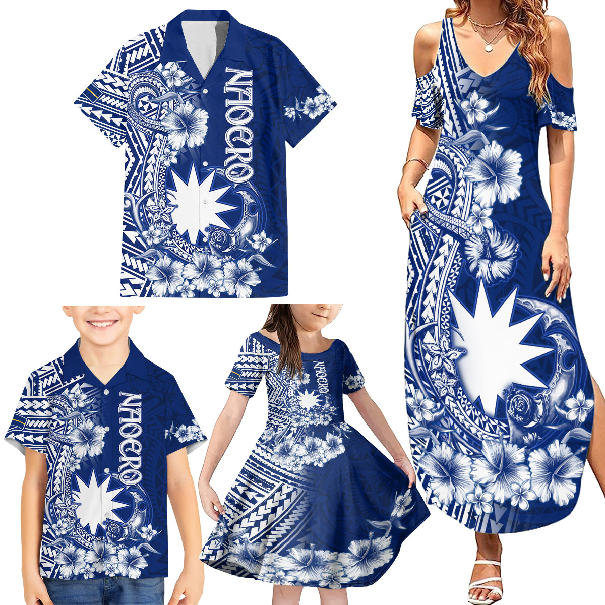 Nauru Independence Personalised Family Matching Summer Maxi Dress and Hawaiian Shirt Naoero Hook Tattoo Special Polynesian Pattern LT9 - Polynesian Pride