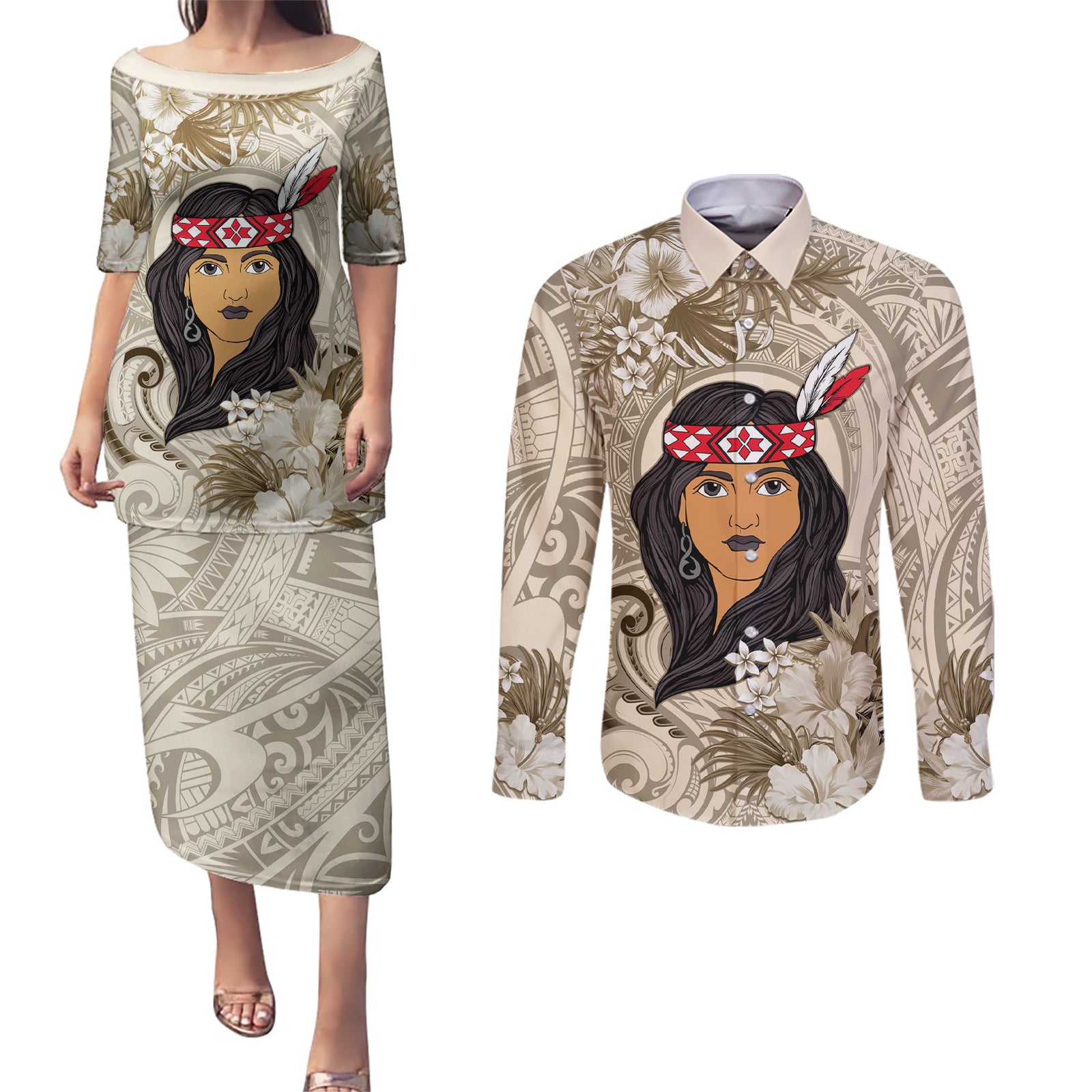 Personalized New Zealand Women's Day Couples Matching Puletasi and Long Sleeve Button Shirt Maori Girl Feathers of Hope - Beige LT9 Beige - Polynesian Pride