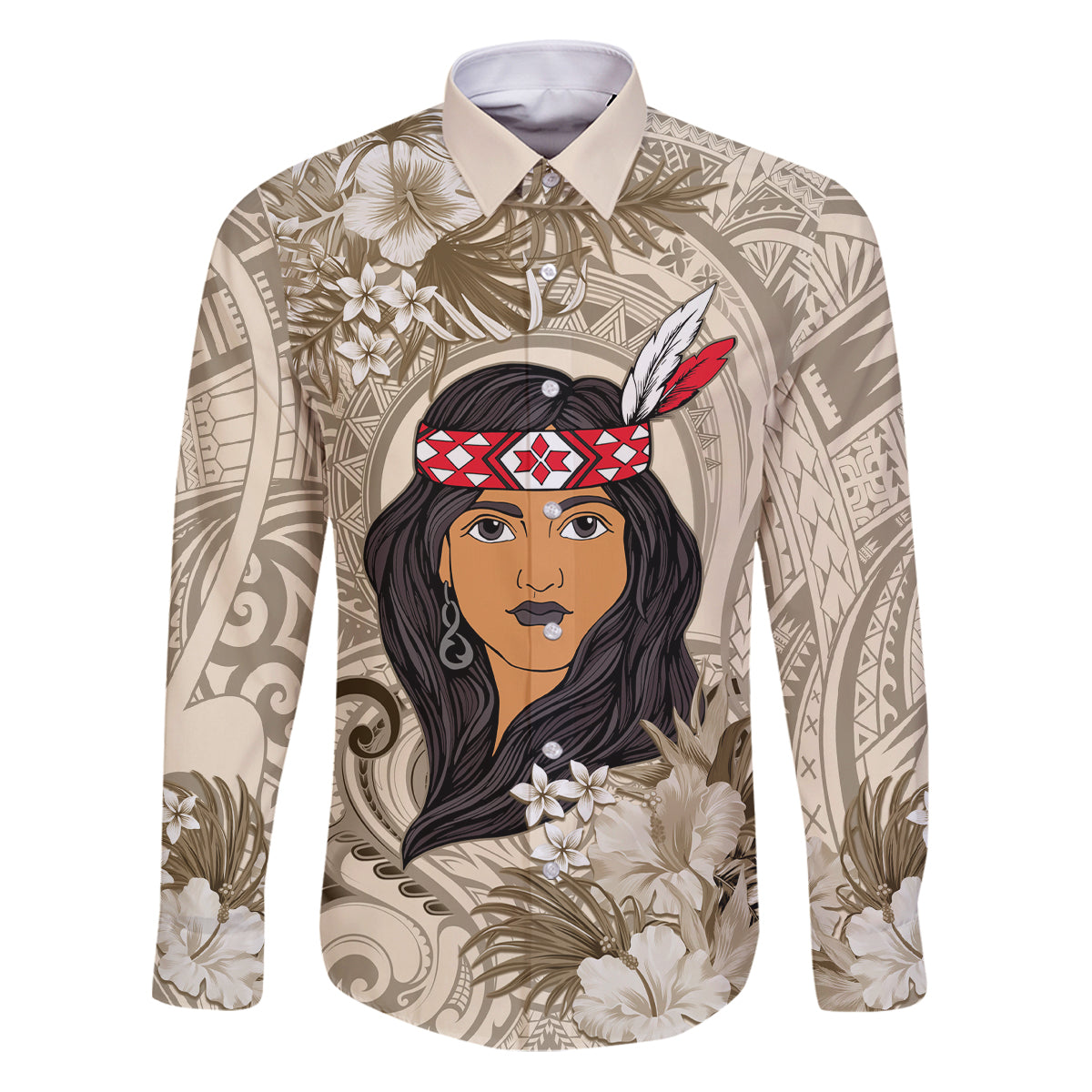 Personalized New Zealand Women's Day Family Matching Puletasi and Hawaiian Shirt Maori Girl Feathers of Hope - Beige LT9 Dad's Shirt - Long Sleeve Beige - Polynesian Pride