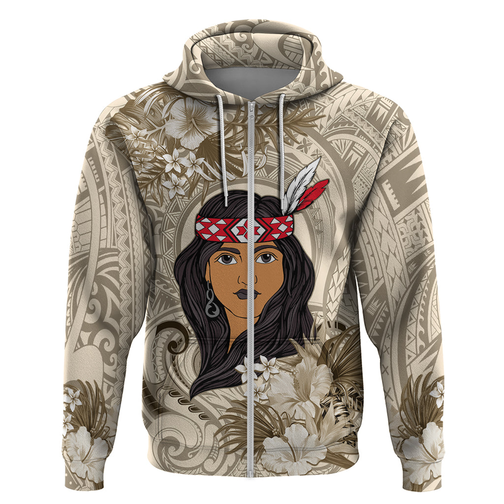 Personalized New Zealand Women's Day Hoodie Maori Girl Feathers of Hope - Beige LT9 Zip Hoodie Beige - Polynesian Pride