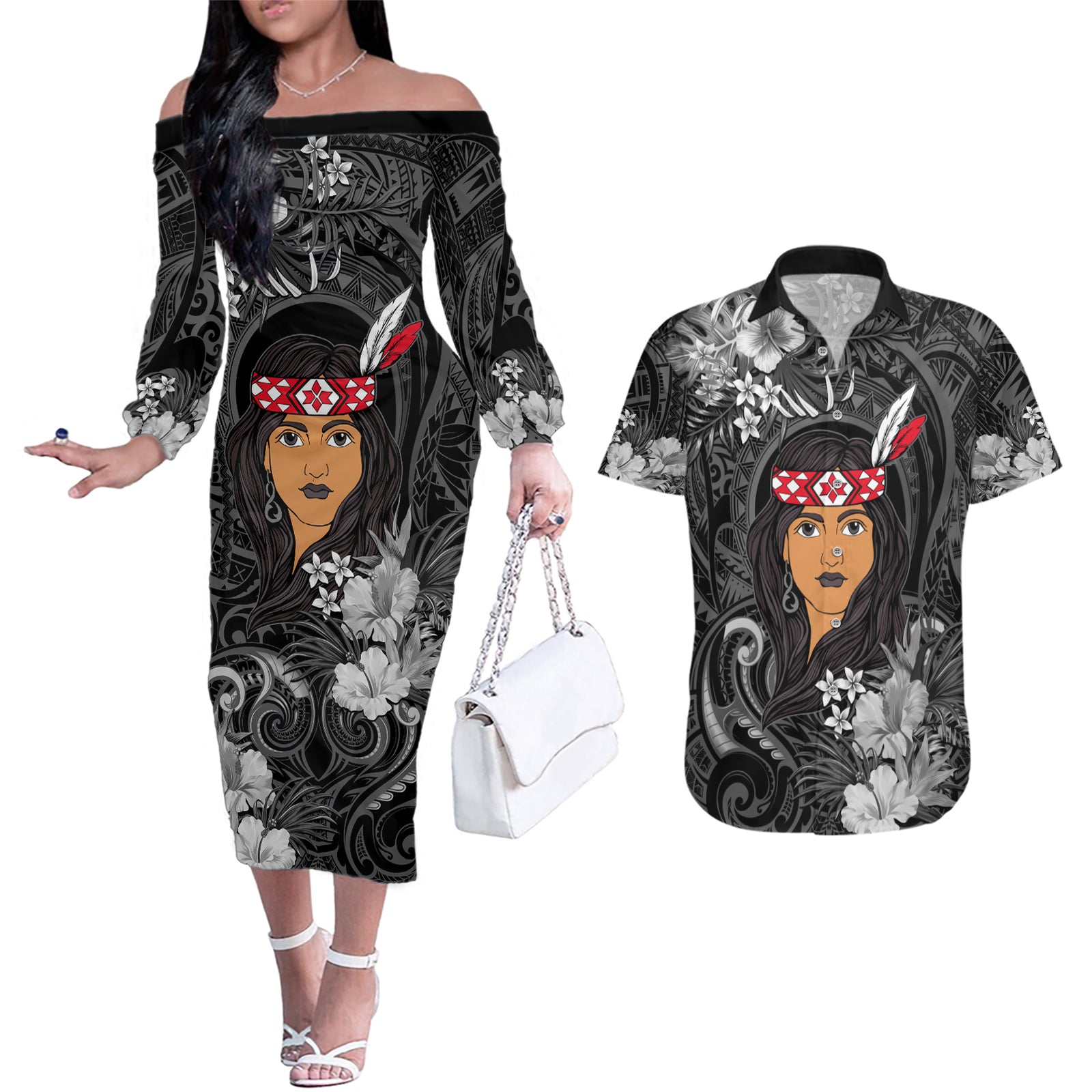 New Zealand Custom Women's Day Couples Matching Off The Shoulder Long Sleeve Dress and Hawaiian Shirt Maori Girl Feathers of Hope - Black LT9 Black - Polynesian Pride