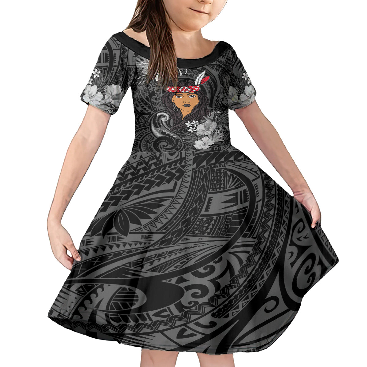 New Zealand Custom Women's Day Family Matching Long Sleeve Bodycon Dress and Hawaiian Shirt Maori Girl Feathers of Hope - Black LT9 Daughter's Dress Black - Polynesian Pride