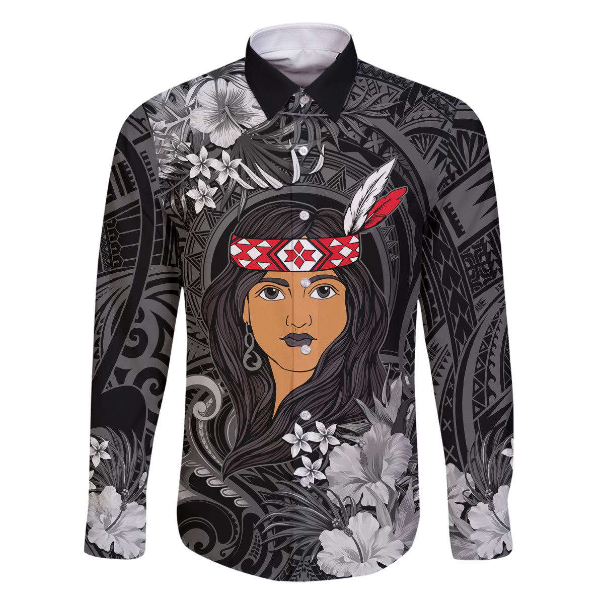 New Zealand Custom Women's Day Family Matching Mermaid Dress and Hawaiian Shirt Maori Girl Feathers of Hope - Black LT9 Dad's Shirt - Long Sleeve Black - Polynesian Pride