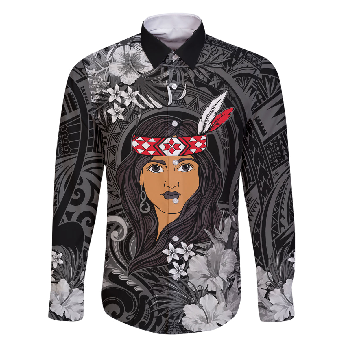 New Zealand Custom Women's Day Family Matching Short Sleeve Bodycon Dress and Hawaiian Shirt Maori Girl Feathers of Hope - Black LT9 Dad's Shirt - Long Sleeve Black - Polynesian Pride