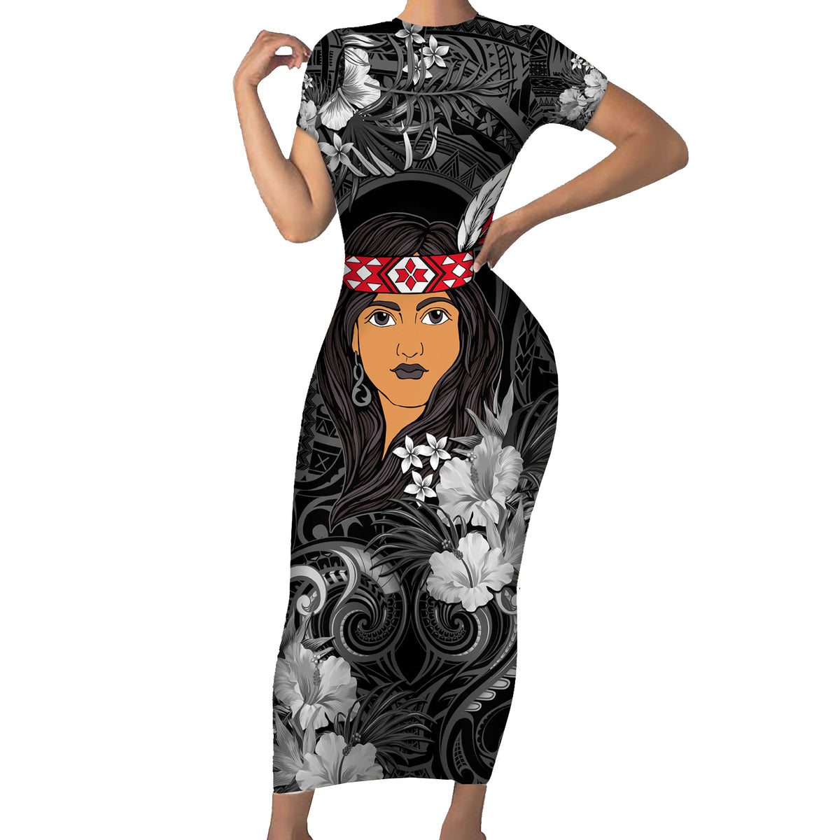 New Zealand Custom Women's Day Family Matching Short Sleeve Bodycon Dress and Hawaiian Shirt Maori Girl Feathers of Hope - Black LT9 Mom's Dress Black - Polynesian Pride
