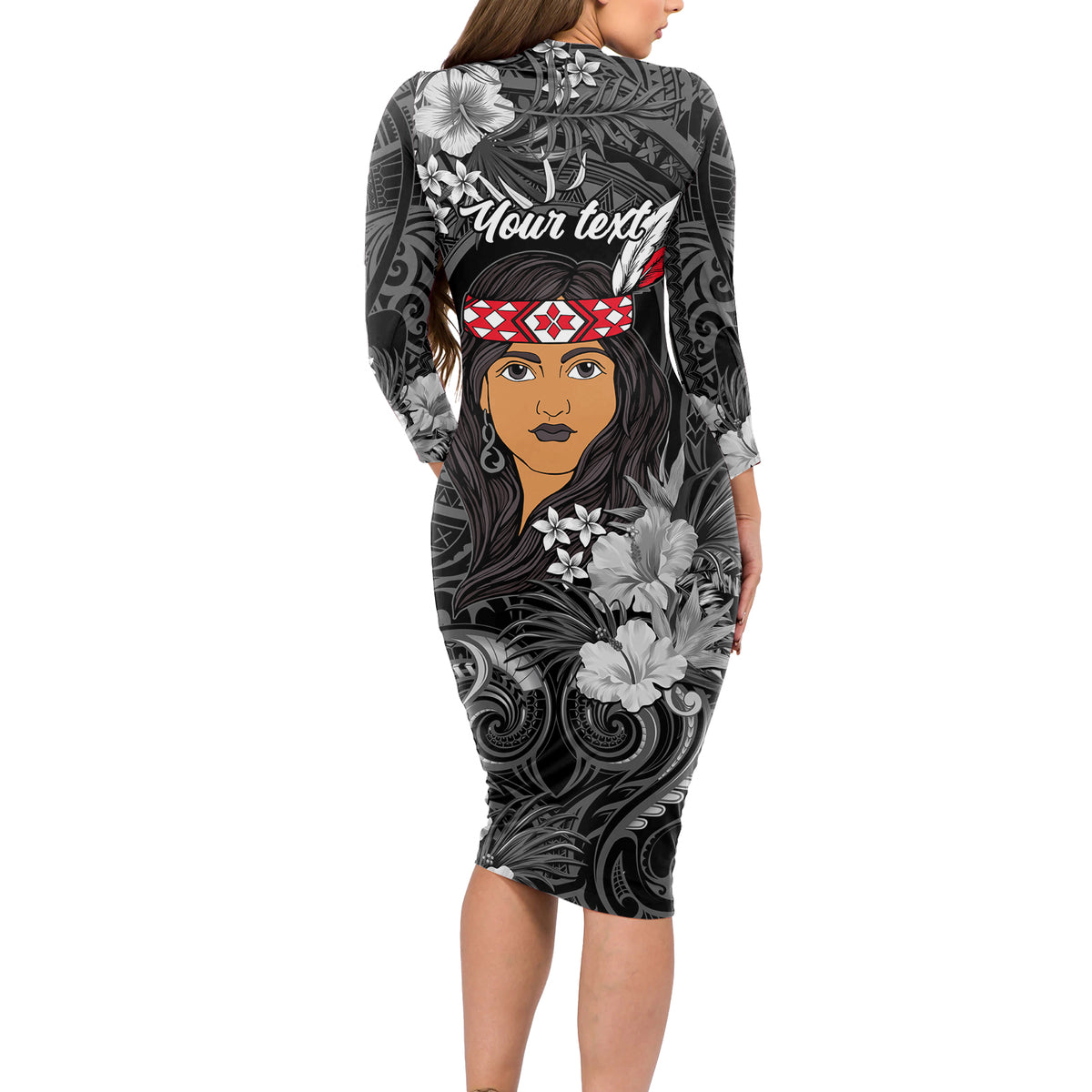 New Zealand Custom Women's Day Long Sleeve Bodycon Dress Maori Girl Feathers of Hope - Black LT9 - Polynesian Pride