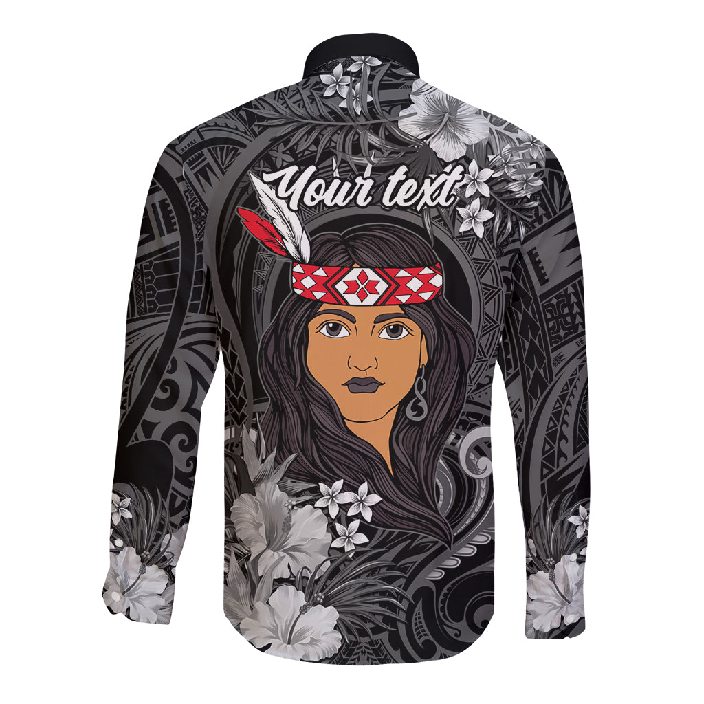 New Zealand Custom Women's Day Long Sleeve Button Shirt Maori Girl Feathers of Hope - Black LT9 - Polynesian Pride