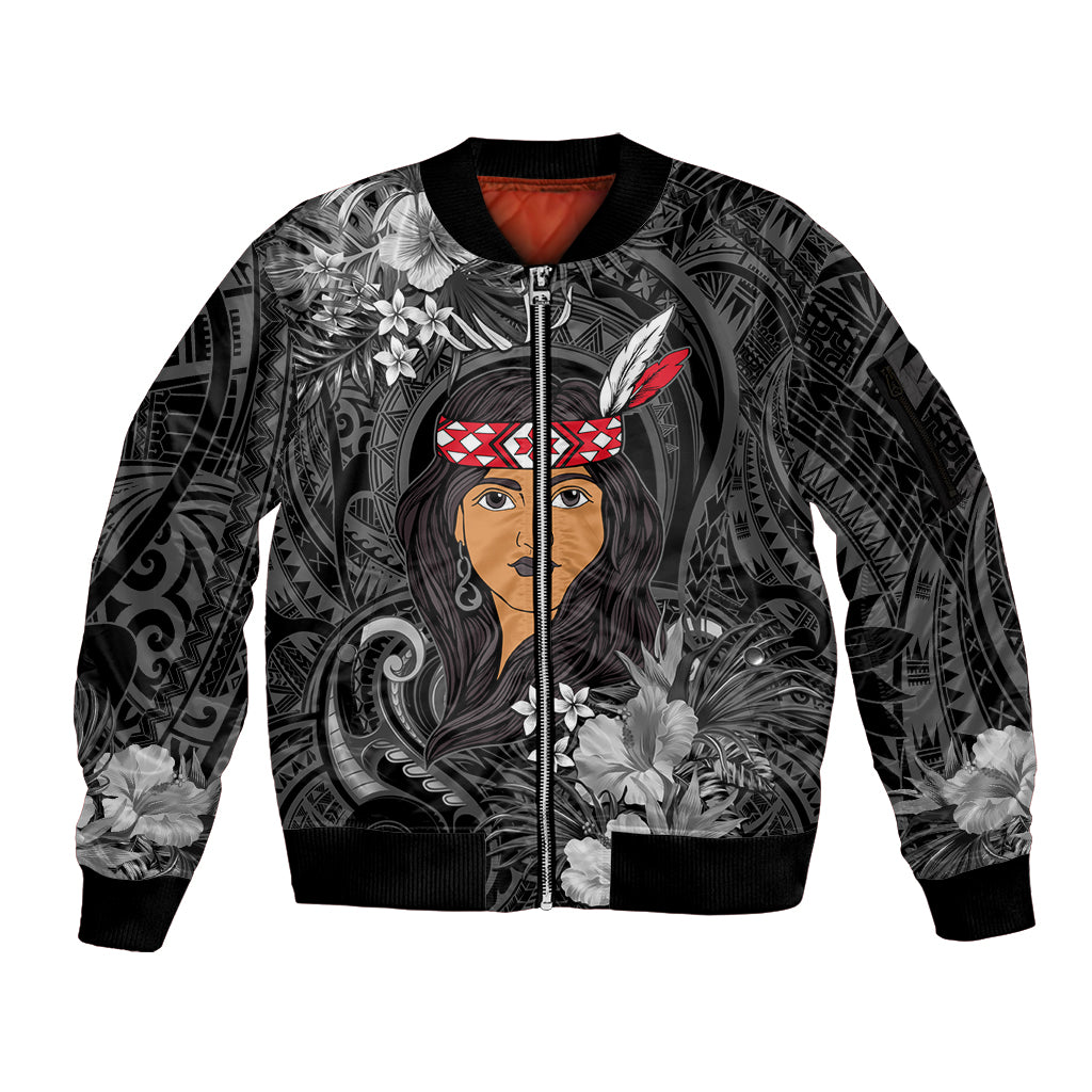 New Zealand Custom Women's Day Sleeve Zip Bomber Jacket Maori Girl Feathers of Hope - Black LT9 Unisex Black - Polynesian Pride