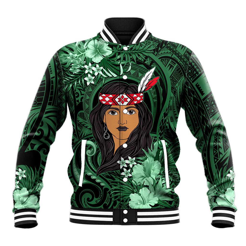 New Zealand Custom Women's Day Baseball Jacket Maori Girl Feathers of Hope - Green LT9 Unisex Green - Polynesian Pride