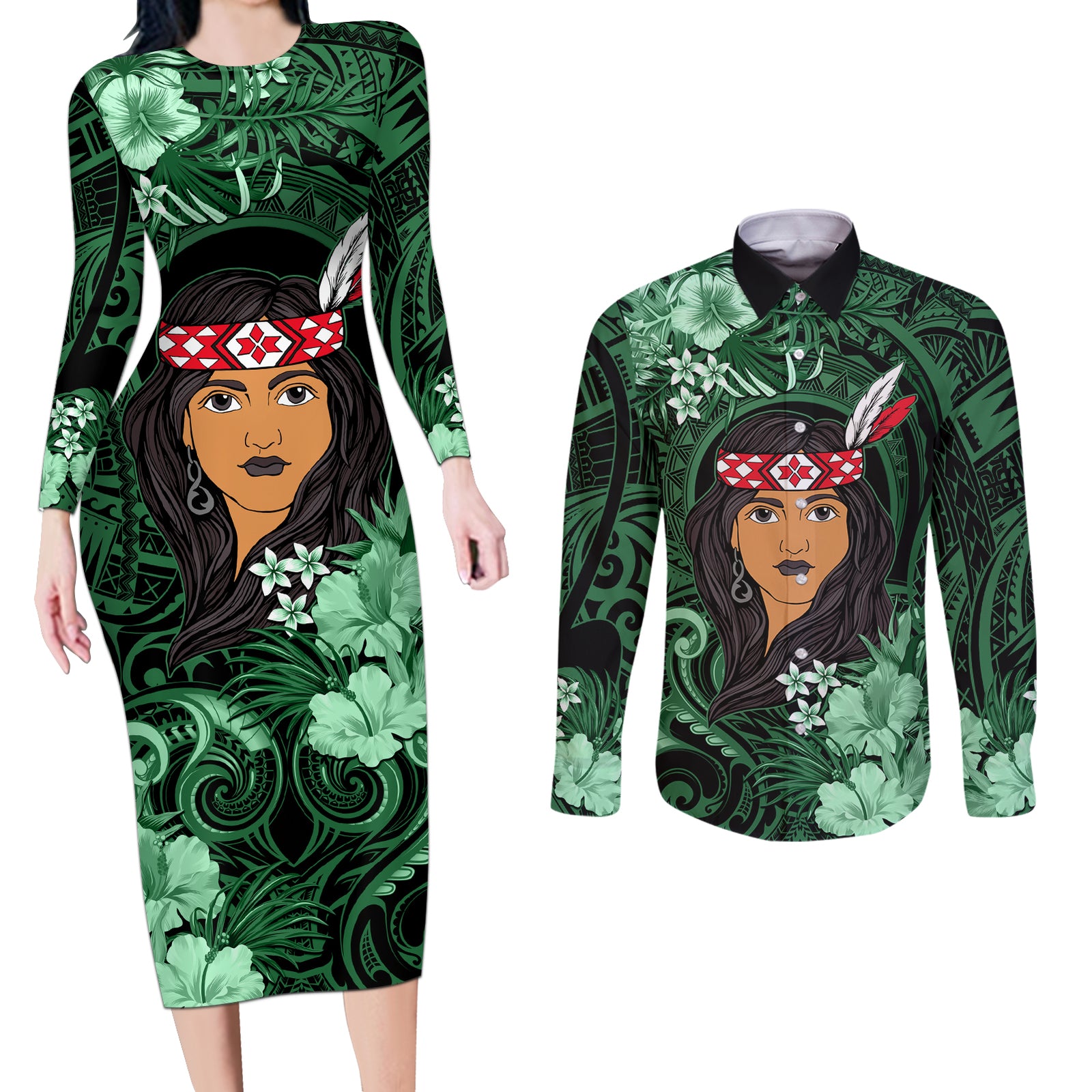 New Zealand Custom Women's Day Couples Matching Long Sleeve Bodycon Dress and Long Sleeve Button Shirt Maori Girl Feathers of Hope - Green LT9 Green - Polynesian Pride