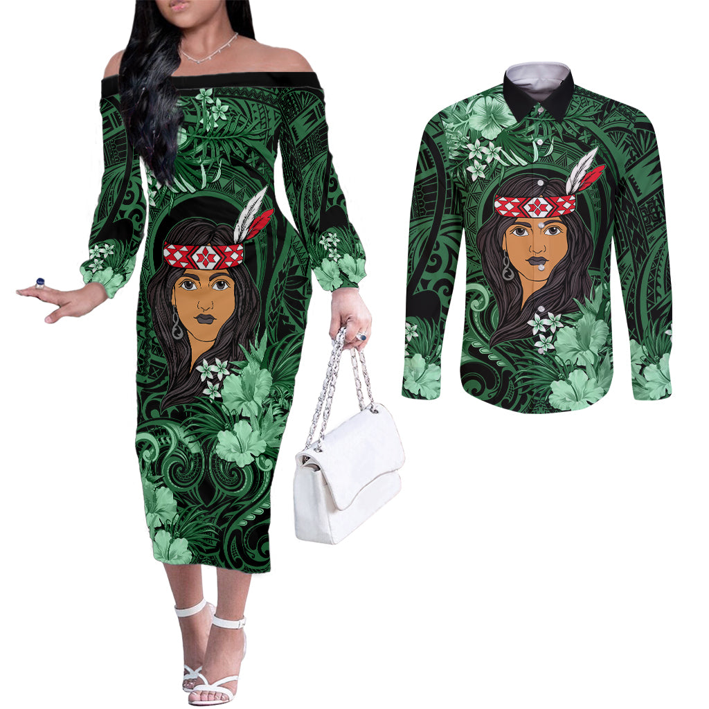 New Zealand Custom Women's Day Couples Matching Off The Shoulder Long Sleeve Dress and Long Sleeve Button Shirt Maori Girl Feathers of Hope - Green LT9 Green - Polynesian Pride