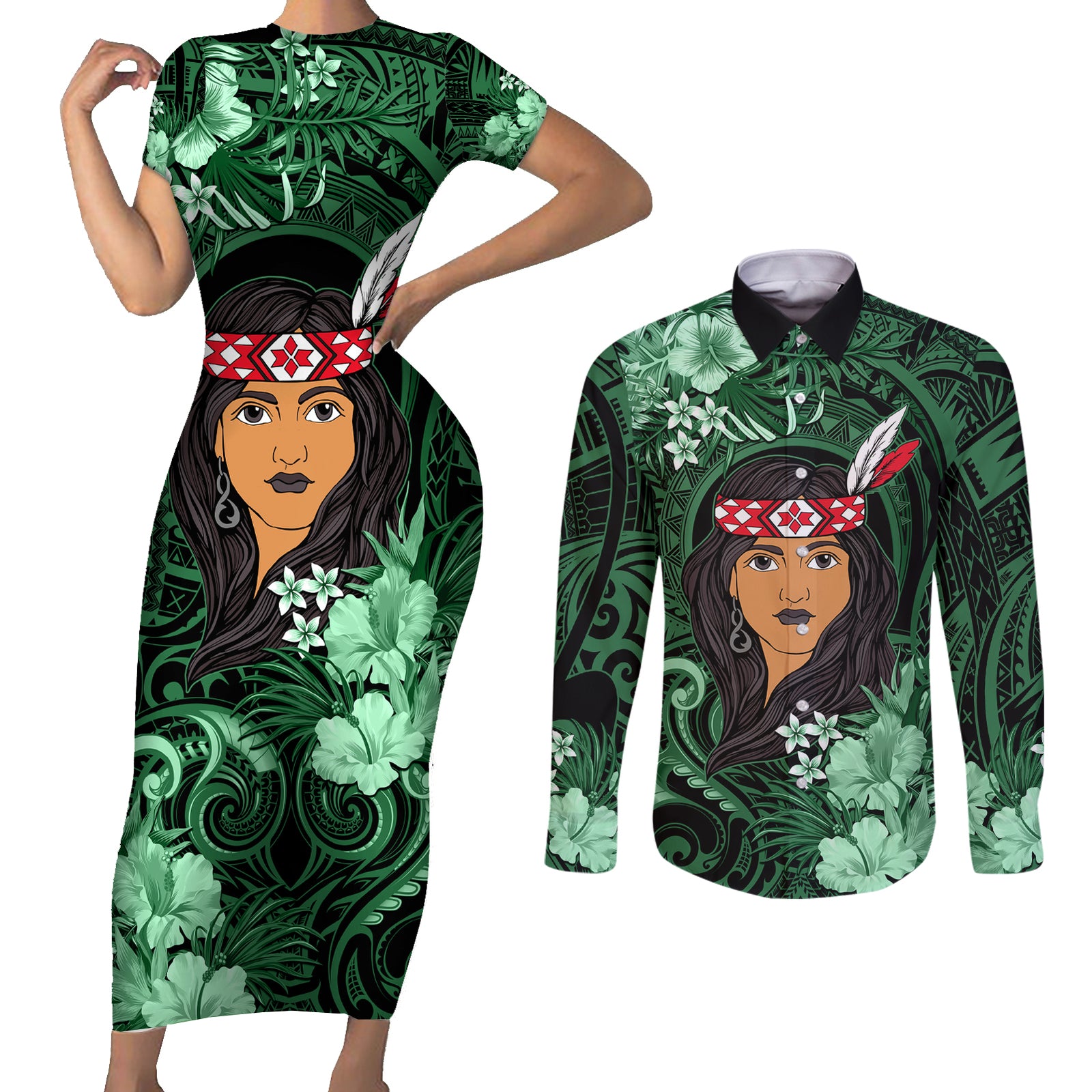 New Zealand Custom Women's Day Couples Matching Short Sleeve Bodycon Dress and Long Sleeve Button Shirt Maori Girl Feathers of Hope - Green LT9 Green - Polynesian Pride