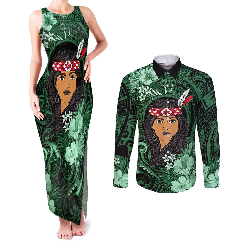 New Zealand Custom Women's Day Couples Matching Tank Maxi Dress and Long Sleeve Button Shirt Maori Girl Feathers of Hope - Green LT9 Green - Polynesian Pride