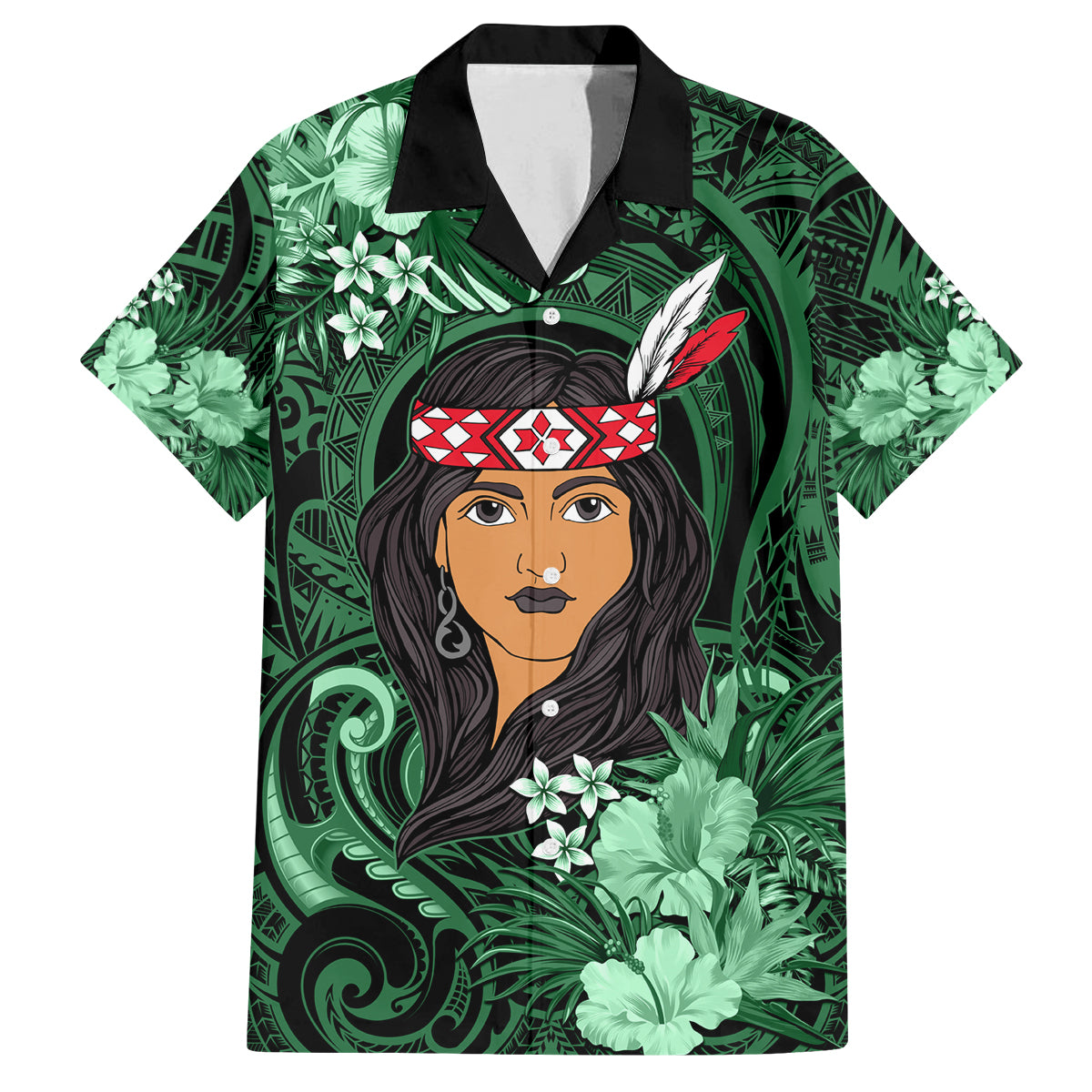 New Zealand Custom Women's Day Family Matching Long Sleeve Bodycon Dress and Hawaiian Shirt Maori Girl Feathers of Hope - Green LT9 Dad's Shirt - Short Sleeve Green - Polynesian Pride