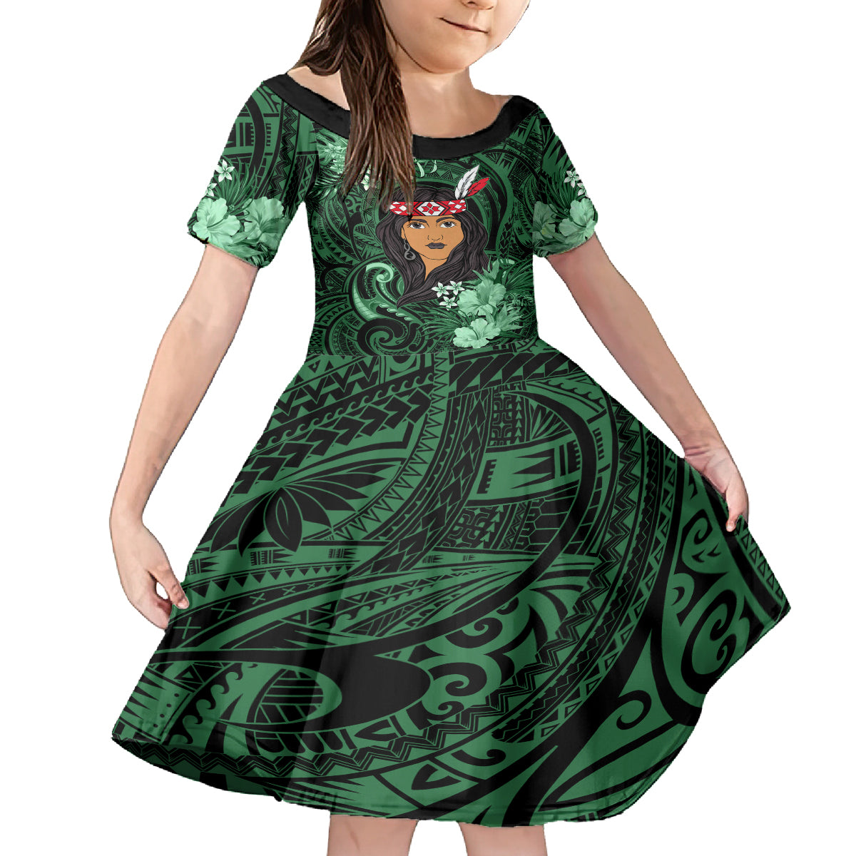 New Zealand Custom Women's Day Family Matching Off Shoulder Short Dress and Hawaiian Shirt Maori Girl Feathers of Hope - Green LT9 Daughter's Dress Green - Polynesian Pride