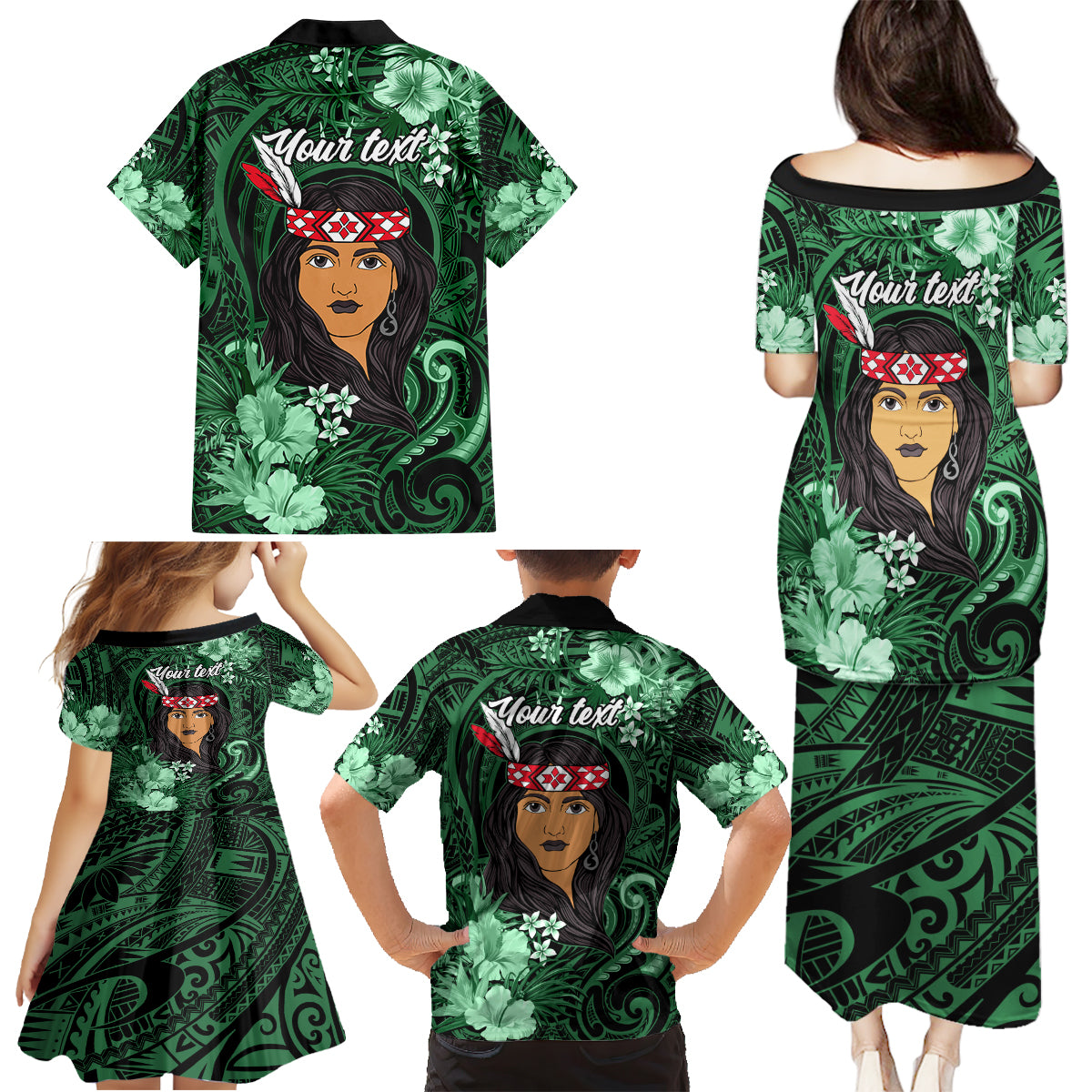 New Zealand Custom Women's Day Family Matching Puletasi and Hawaiian Shirt Maori Girl Feathers of Hope - Green LT9 - Polynesian Pride