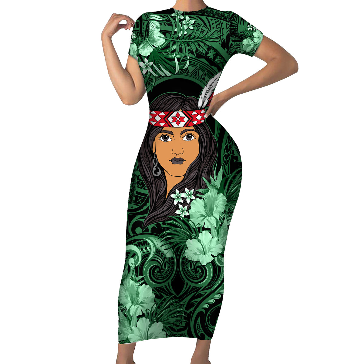New Zealand Custom Women's Day Family Matching Short Sleeve Bodycon Dress and Hawaiian Shirt Maori Girl Feathers of Hope - Green LT9 Mom's Dress Green - Polynesian Pride