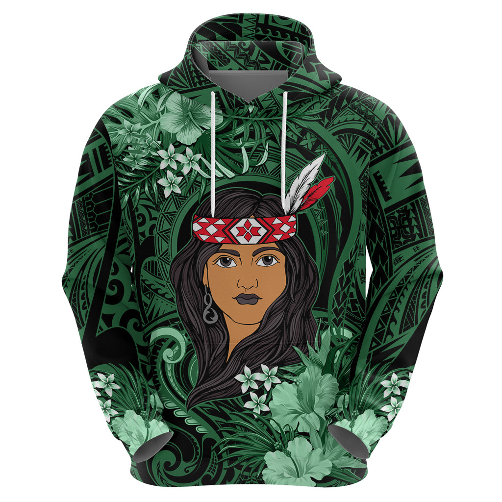 New Zealand Custom Women's Day Hoodie Maori Girl Feathers of Hope - Green LT9 - Polynesian Pride