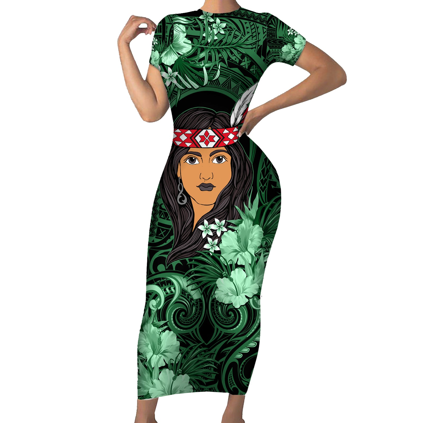 New Zealand Custom Women's Day Short Sleeve Bodycon Dress Maori Girl Feathers of Hope - Green LT9 Long Dress Green - Polynesian Pride
