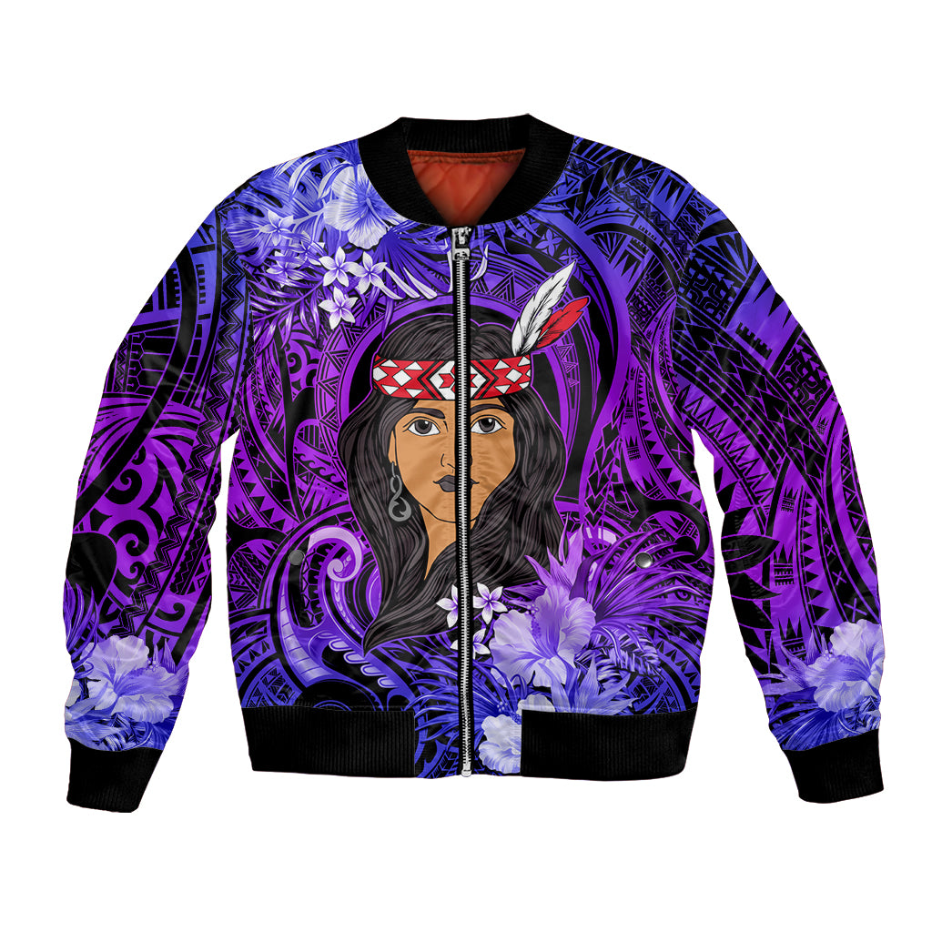 New Zealand Custom Women's Day Bomber Jacket Maori Girl Feathers of Hope - Purple LT9 Unisex Purple - Polynesian Pride