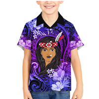 New Zealand Custom Women's Day Family Matching Mermaid Dress and Hawaiian Shirt Maori Girl Feathers of Hope - Purple LT9 Son's Shirt Purple - Polynesian Pride