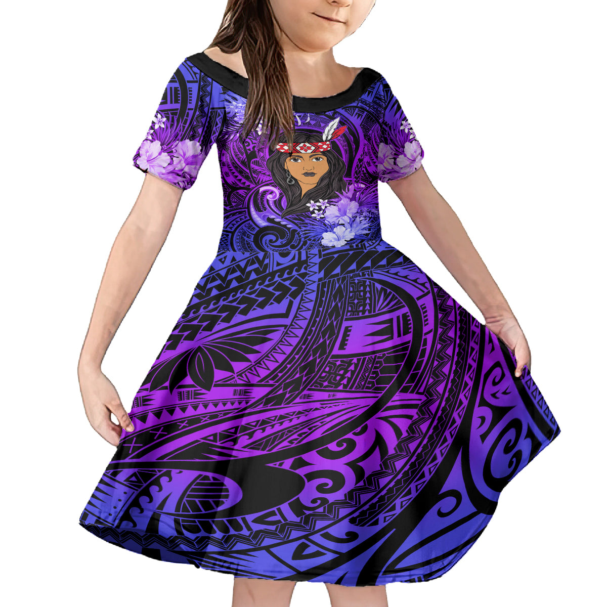 New Zealand Custom Women's Day Family Matching Off Shoulder Long Sleeve Dress and Hawaiian Shirt Maori Girl Feathers of Hope - Purple LT9 Daughter's Dress Purple - Polynesian Pride