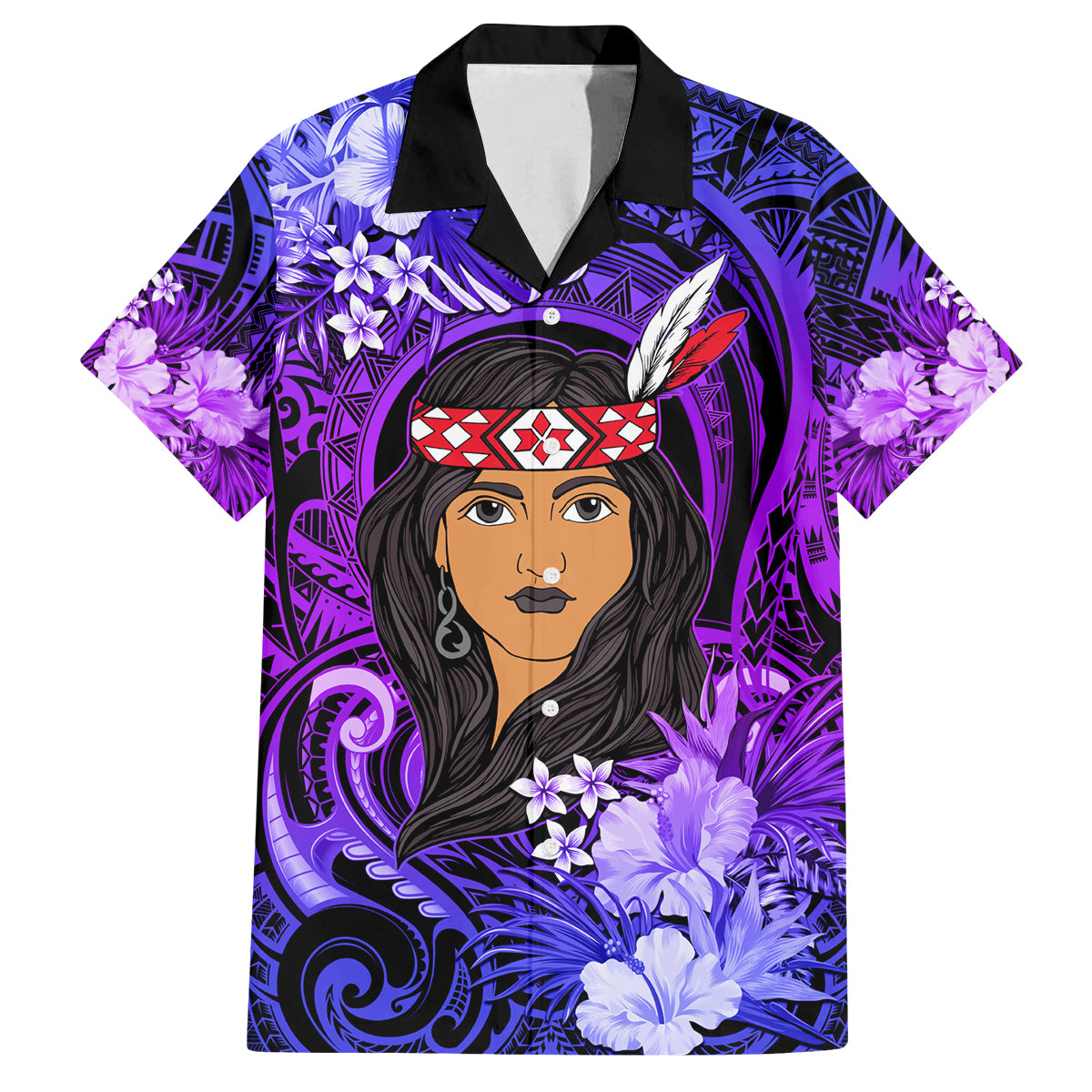 New Zealand Custom Women's Day Family Matching Off Shoulder Long Sleeve Dress and Hawaiian Shirt Maori Girl Feathers of Hope - Purple LT9 Dad's Shirt - Short Sleeve Purple - Polynesian Pride