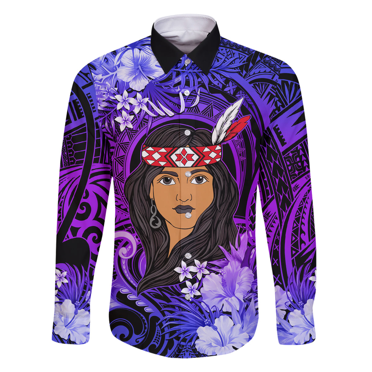 New Zealand Custom Women's Day Family Matching Off Shoulder Long Sleeve Dress and Hawaiian Shirt Maori Girl Feathers of Hope - Purple LT9 Dad's Shirt - Long Sleeve Purple - Polynesian Pride
