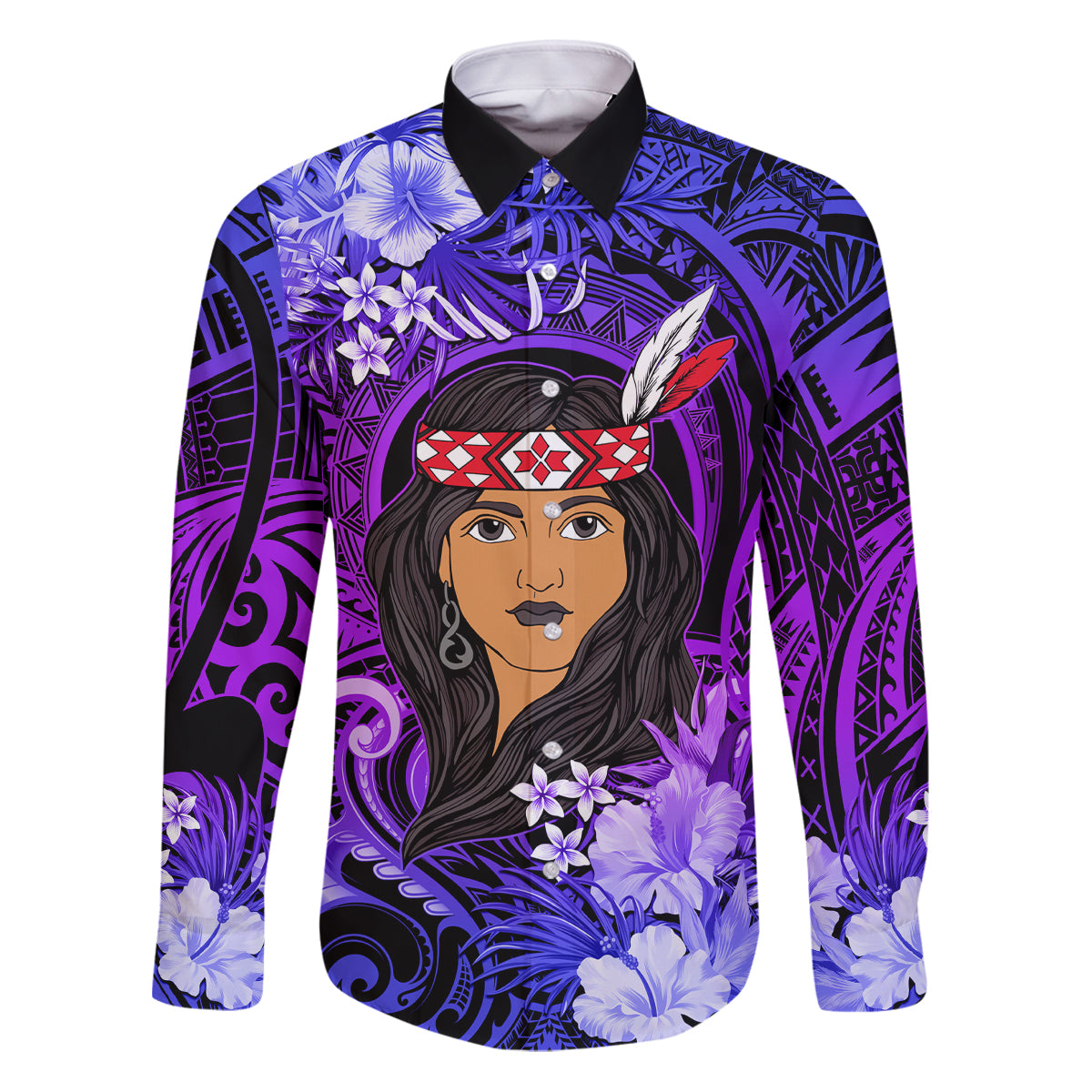 New Zealand Custom Women's Day Family Matching Puletasi and Hawaiian Shirt Maori Girl Feathers of Hope - Purple LT9 Dad's Shirt - Long Sleeve Purple - Polynesian Pride