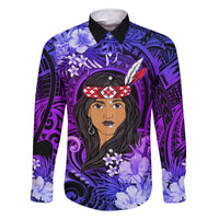New Zealand Custom Women's Day Family Matching Summer Maxi Dress and Hawaiian Shirt Maori Girl Feathers of Hope - Purple LT9 Dad's Shirt - Long Sleeve Purple - Polynesian Pride