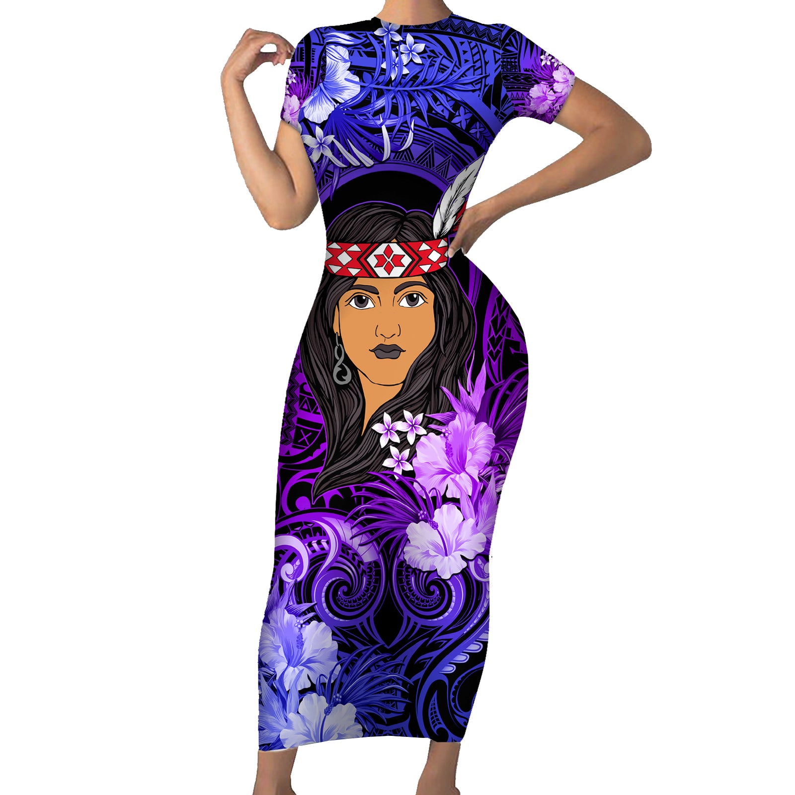 New Zealand Custom Women's Day Short Sleeve Bodycon Dress Maori Girl Feathers of Hope - Purple LT9 Long Dress Purple - Polynesian Pride