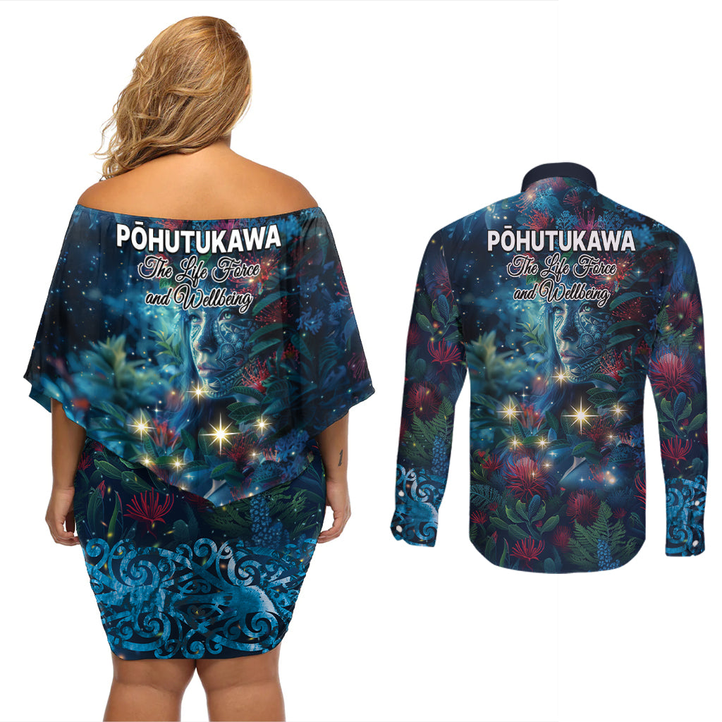 New Zealand Matariki Pohutukawa Couples Matching Off Shoulder Short Dress and Long Sleeve Button Shirt Te Mauri te Ora
