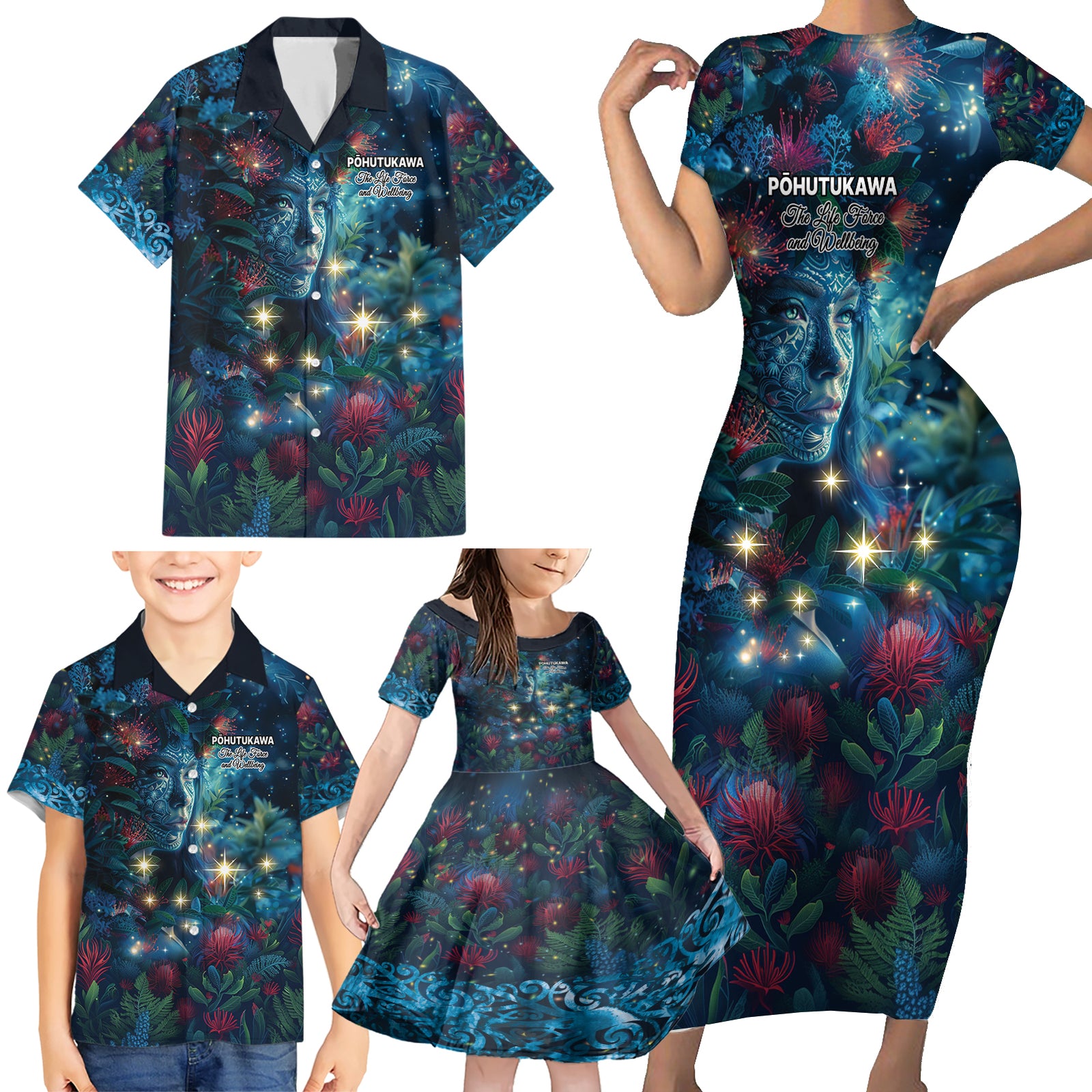 New Zealand Matariki Pohutukawa Family Matching Short Sleeve Bodycon Dress and Hawaiian Shirt Te Mauri te Ora LT9 - Polynesian Pride