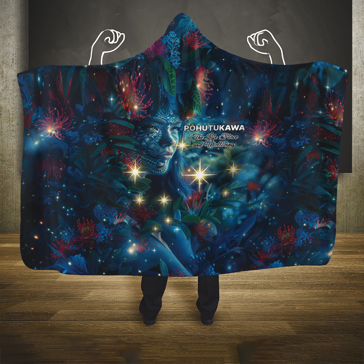 New Zealand Matariki Pohutukawa Hooded Blanket Te Mauri te Ora LT9 One Size Art - Polynesian Pride