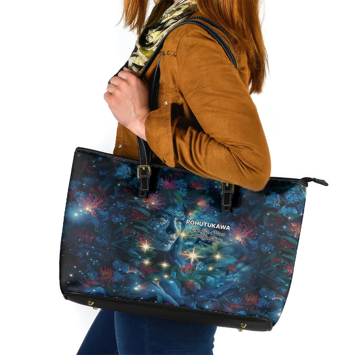 New Zealand Matariki Pohutukawa Leather Tote Bag Te Mauri te Ora LT9 Art - Polynesian Pride