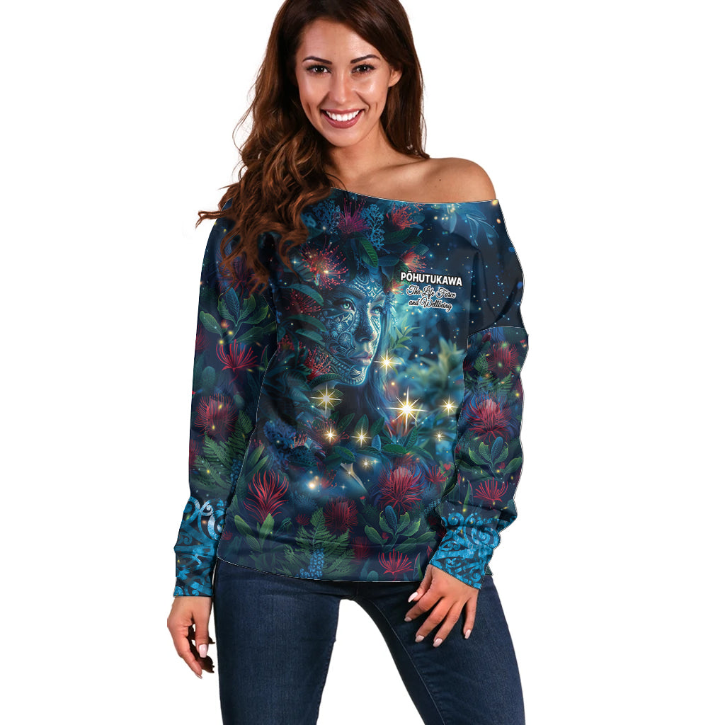 New Zealand Matariki Pohutukawa Off Shoulder Sweater Te Mauri te Ora LT9 Women Art - Polynesian Pride