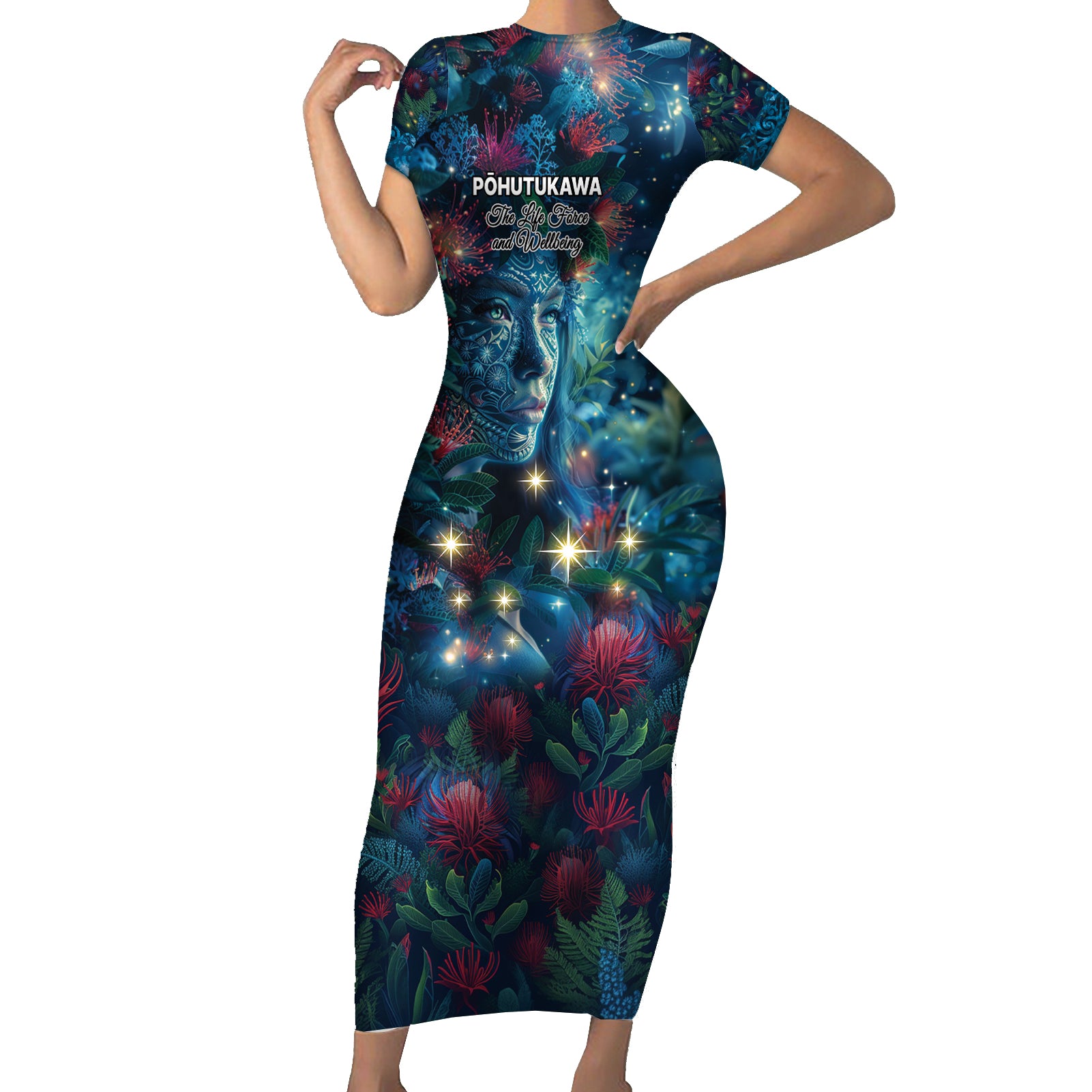 New Zealand Matariki Pohutukawa Short Sleeve Bodycon Dress Te Mauri te Ora