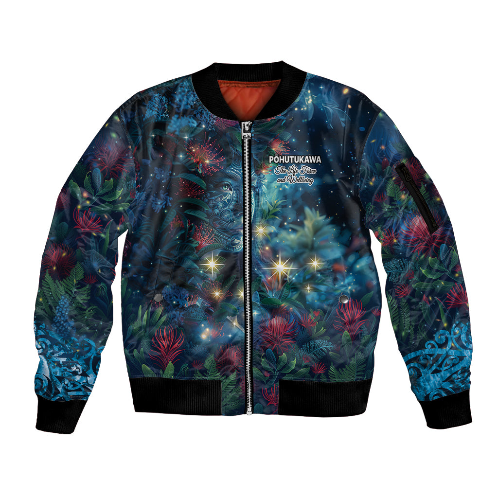 New Zealand Matariki Pohutukawa Sleeve Zip Bomber Jacket Te Mauri te Ora LT9 Unisex Art - Polynesian Pride