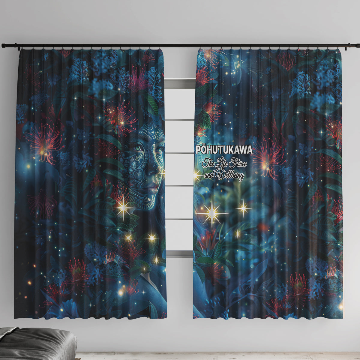 New Zealand Matariki Pohutukawa Window Curtain Te Mauri te Ora LT9 With Hooks Art - Polynesian Pride