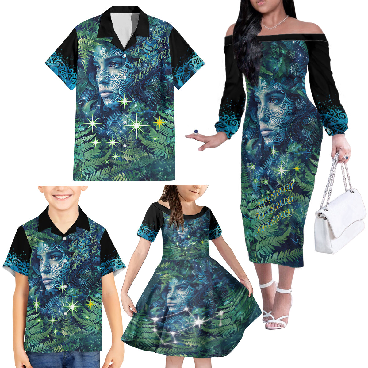 New Zealand Matariki Tupuanuku Family Matching Off The Shoulder Long Sleeve Dress and Hawaiian Shirt Te W o te Hauhake LT9 - Polynesian Pride