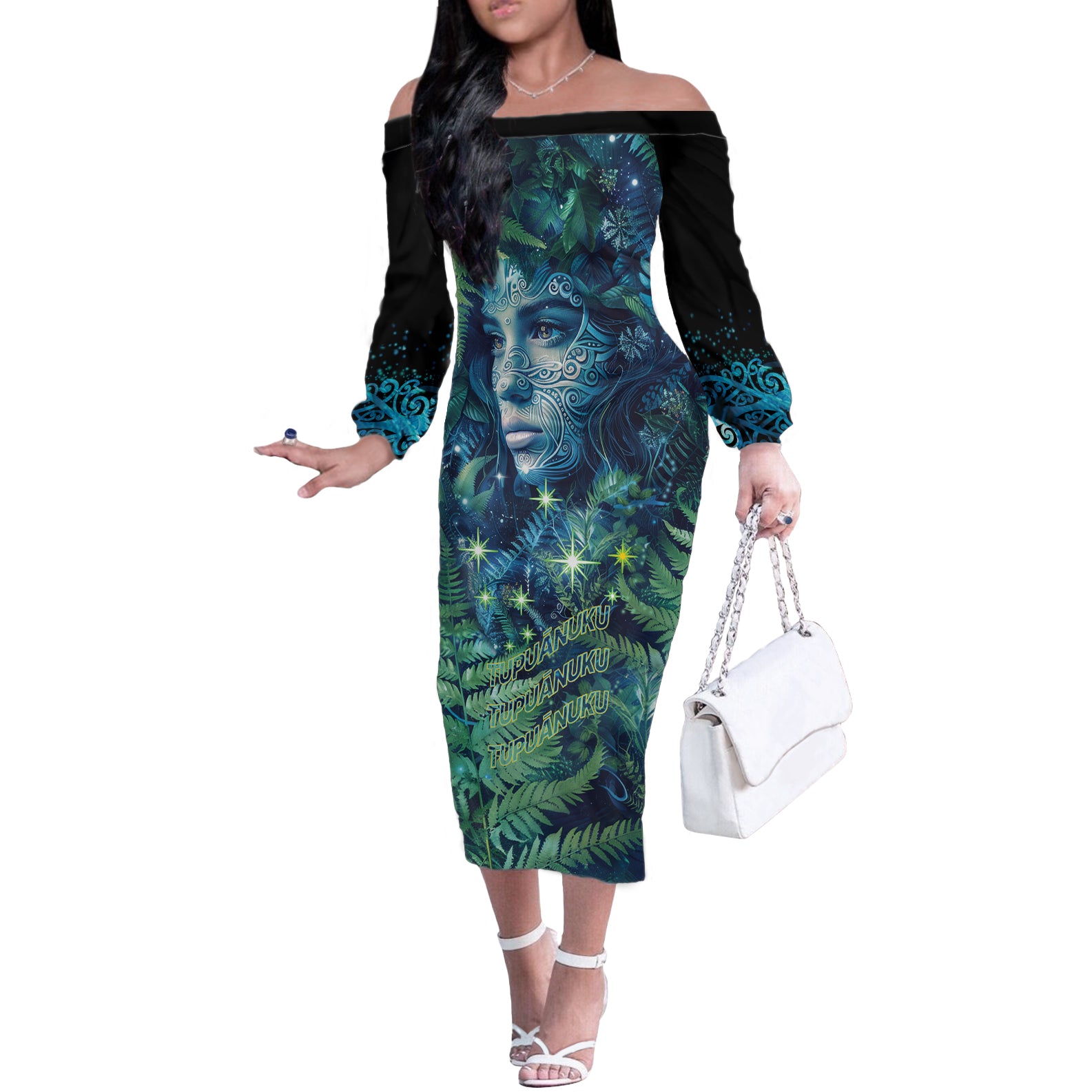 New Zealand Matariki Tupuanuku Off The Shoulder Long Sleeve Dress Te Wā o te Hauhake