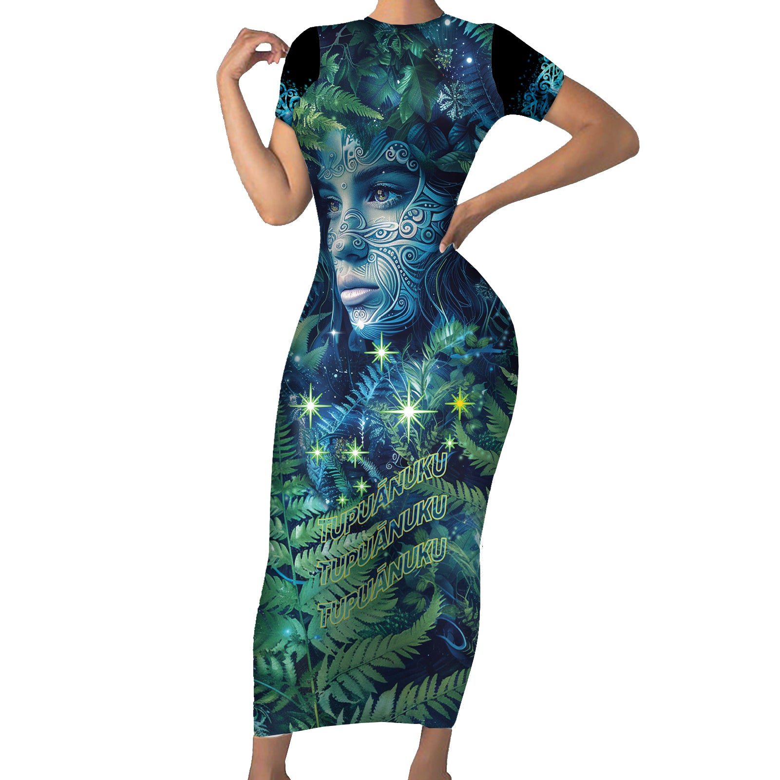 New Zealand Matariki Tupuanuku Short Sleeve Bodycon Dress Te Wā o te Hauhake