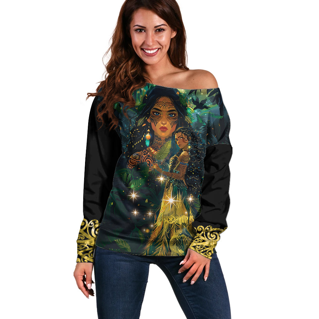 New Zealand Matariki Off Shoulder Sweater Rongo Mori Wellbeing and Good Luck LT9 Women Art - Polynesian Pride