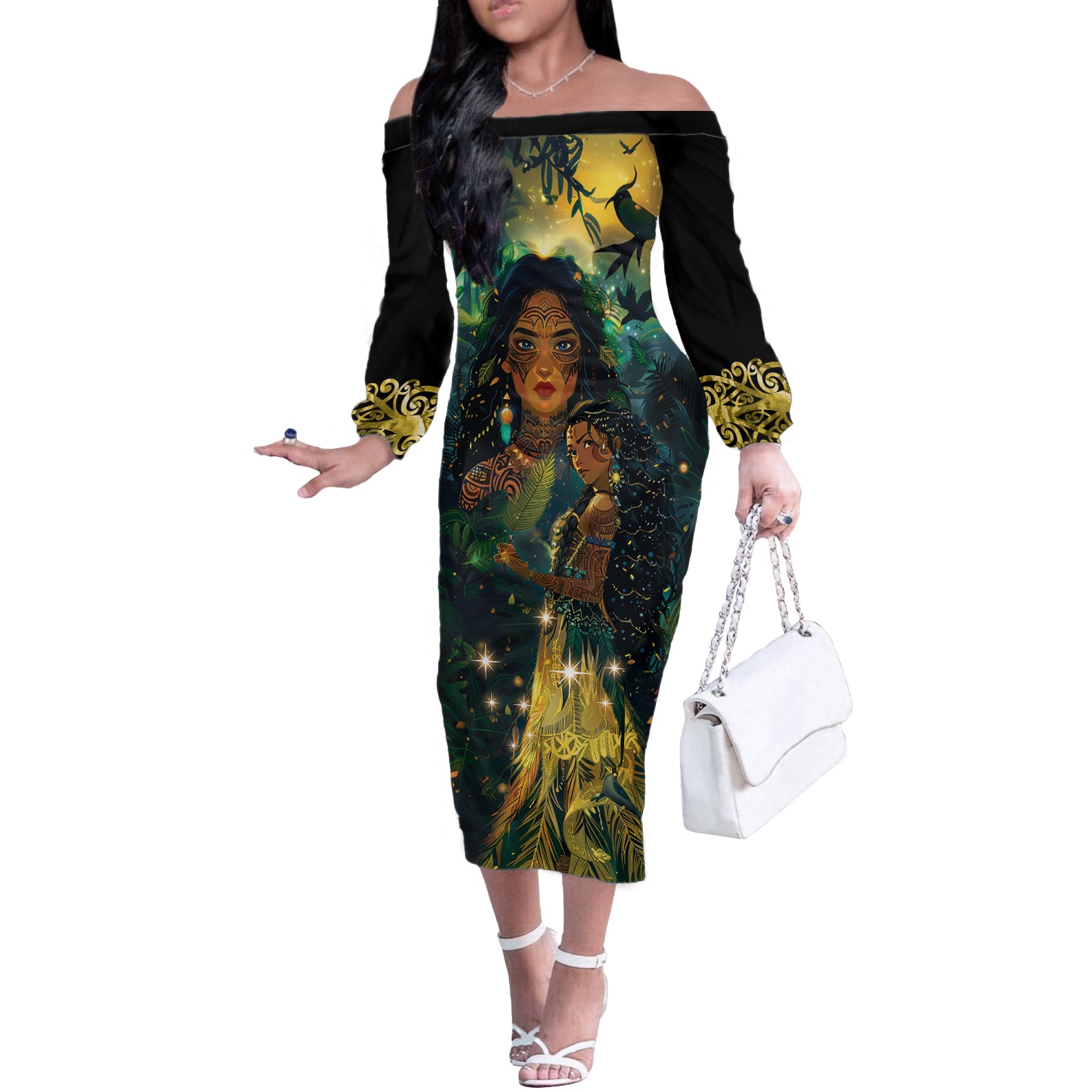 New Zealand Matariki Off The Shoulder Long Sleeve Dress Rongoā Māori Wellbeing and Good Luck