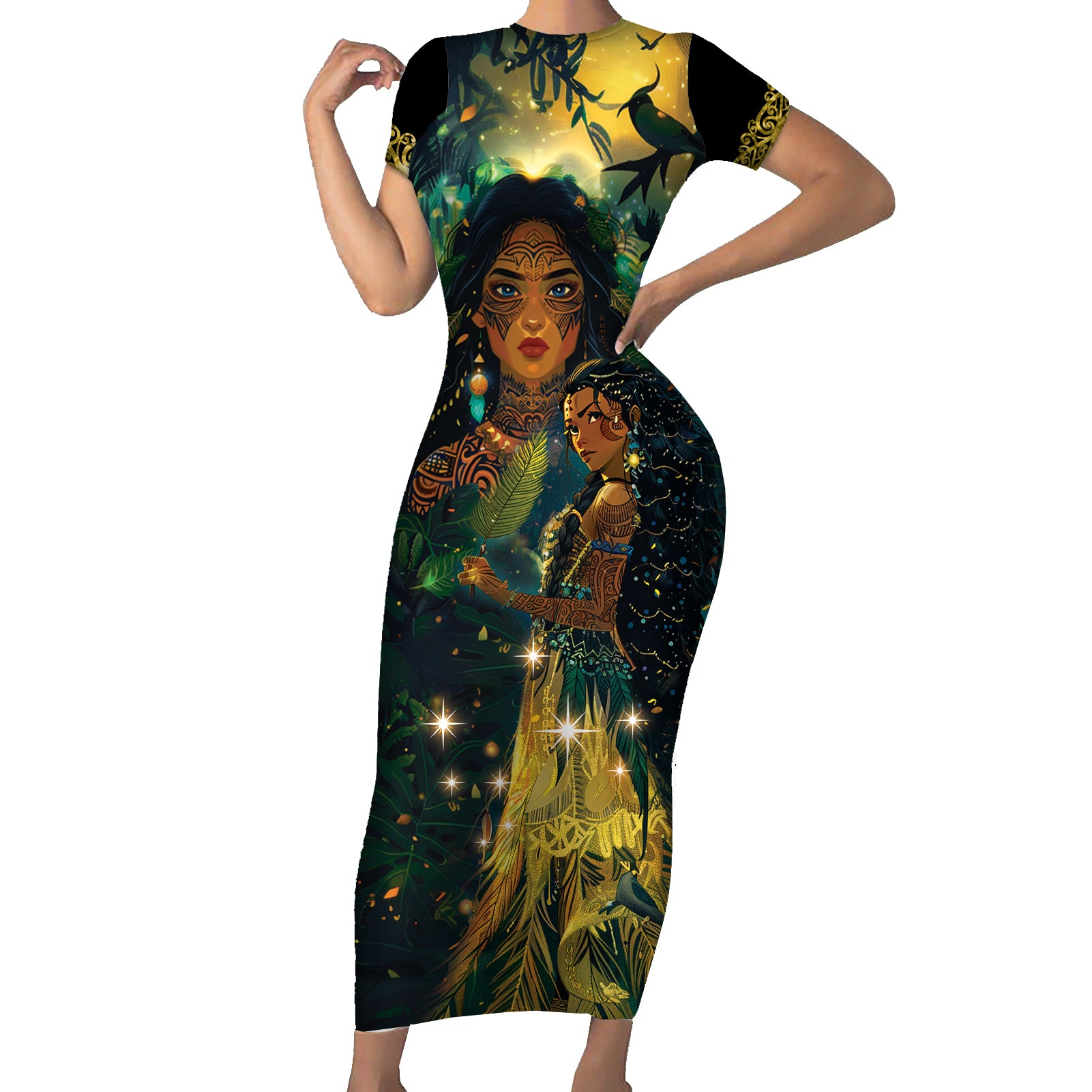 New Zealand Matariki Short Sleeve Bodycon Dress Rongoā Māori Wellbeing and Good Luck