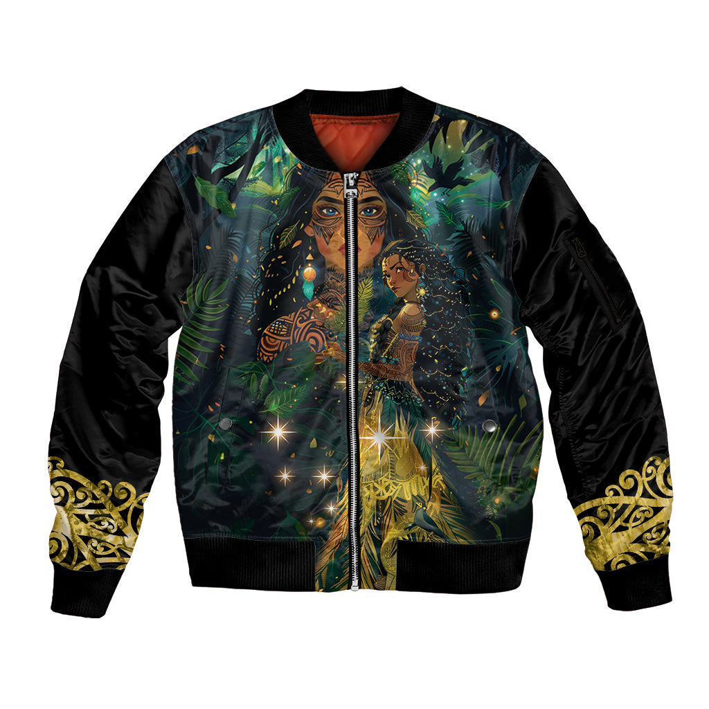 New Zealand Matariki Sleeve Zip Bomber Jacket Rongo Mori Wellbeing and Good Luck LT9 Unisex Art - Polynesian Pride