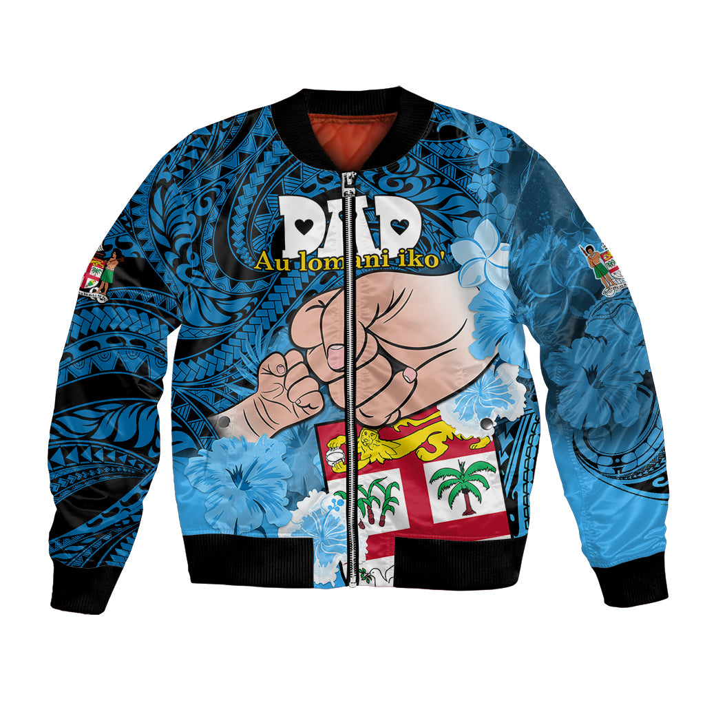 Personalised Dads Day Fiji Bomber Jacket Dad Au Lomani Iko - Polynesian Flowers Tribal LT9 Unisex Blue - Polynesian Pride
